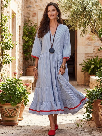 Stripe Red‑Trim Tiered Linen‑Blend Maxi Dress