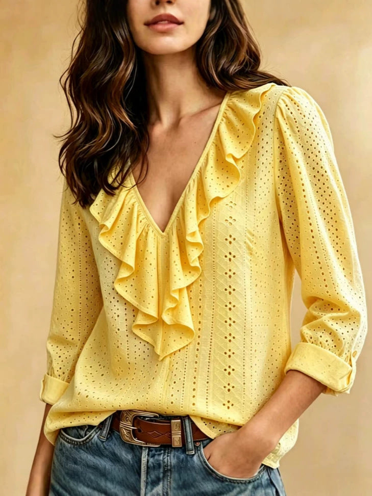 Ruffle V-Neck Eyelet Blouse