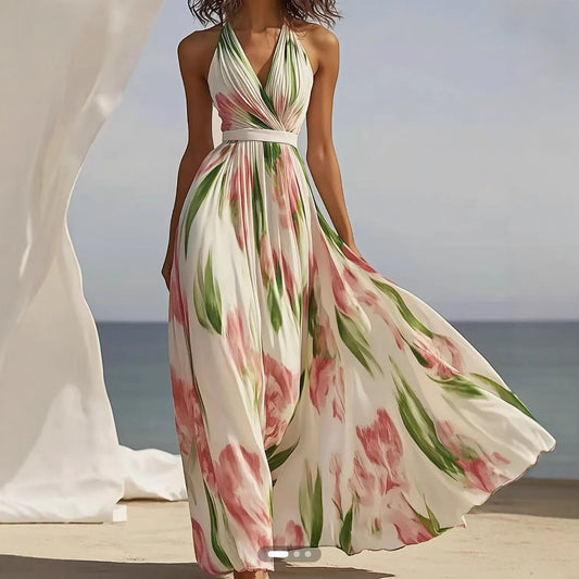 Halter V-Neck Floral Pleated Maxi Dress with Waist Belt
