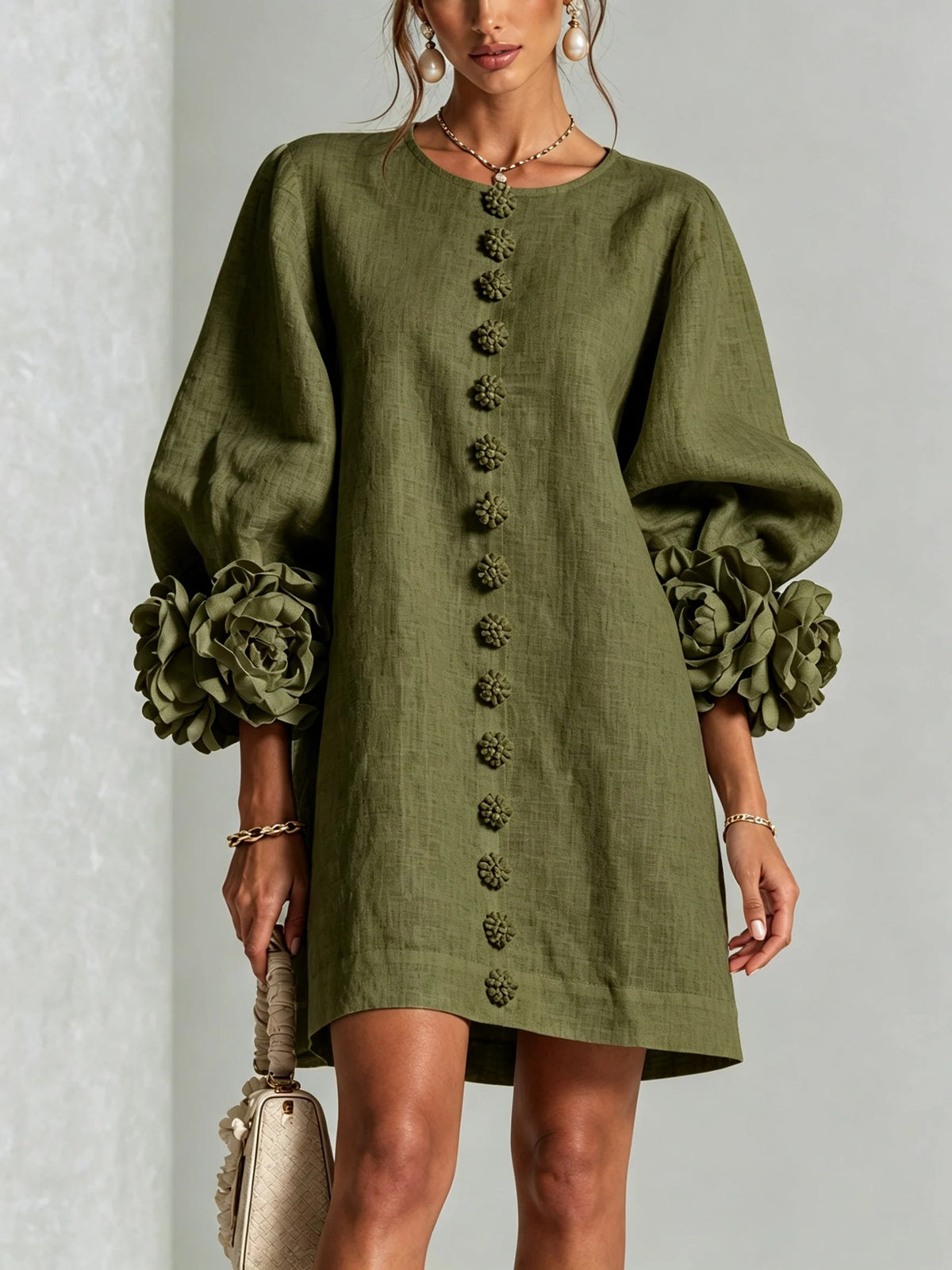 3D Floral Cuff Linen Mini Dress