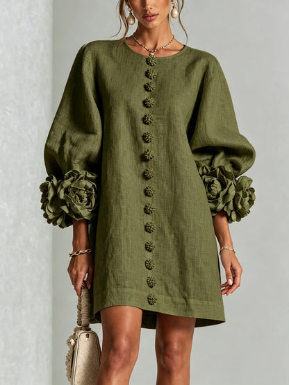 3D Floral Cuff Linen Mini Dress