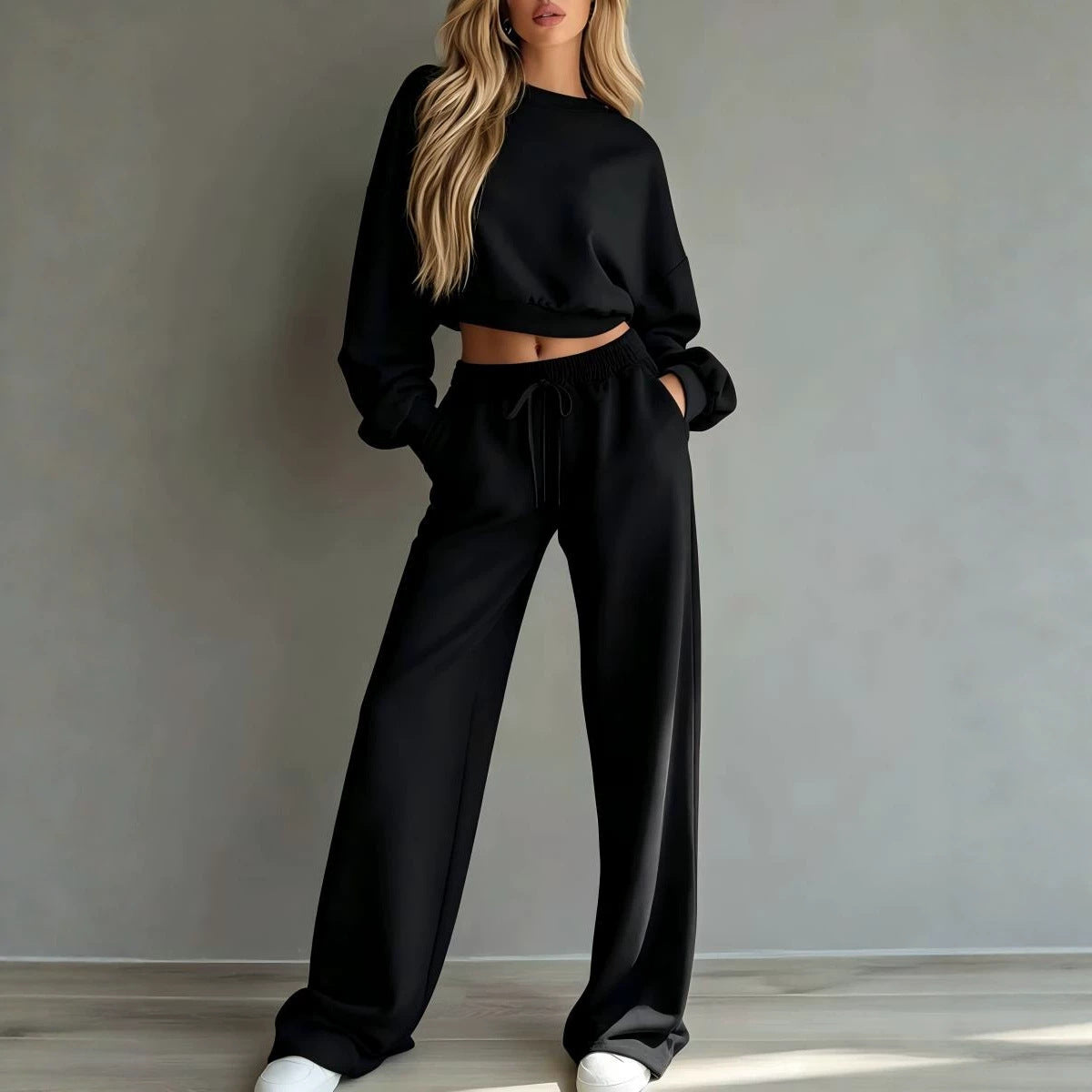 Women Casual 2‑Piece Tracksuit Set Cropped Sweatshirt Wide Leg Pants Loungewear Outfit