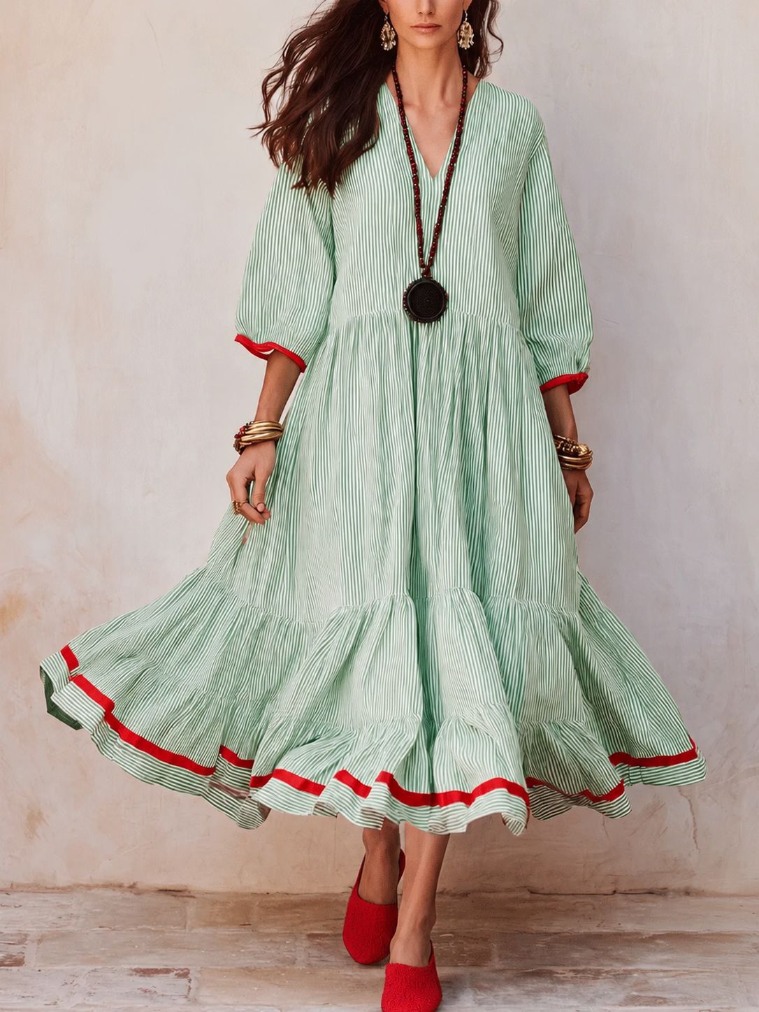 Stripe Red‑Trim Tiered Linen‑Blend Maxi Dress