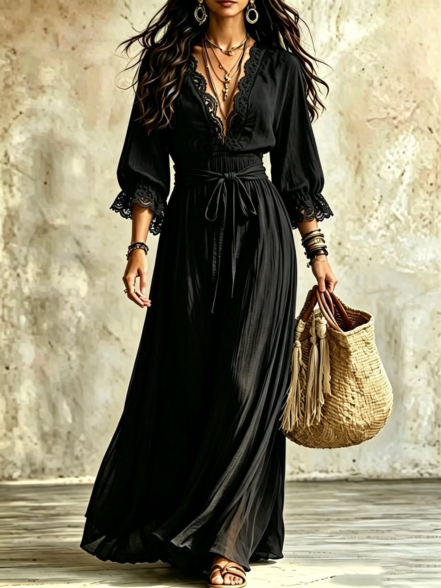 Women Boho V‑Neck Maxi Dress, 3/4 Flare Bell Sleeve Tie Waist A‑Line Flowy Long Dress Casual Vacation Beach Dress