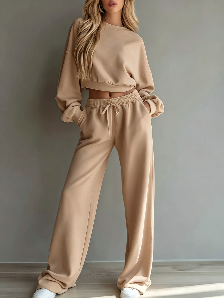 Women Casual 2‑Piece Tracksuit Set Cropped Sweatshirt Wide Leg Pants Loungewear Outfit