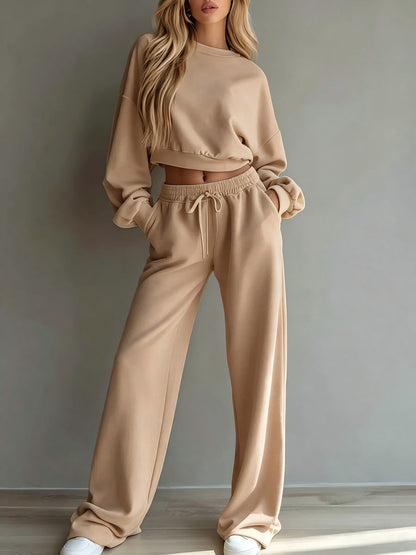 Women Casual 2‑Piece Tracksuit Set Cropped Sweatshirt Wide Leg Pants Loungewear Outfit