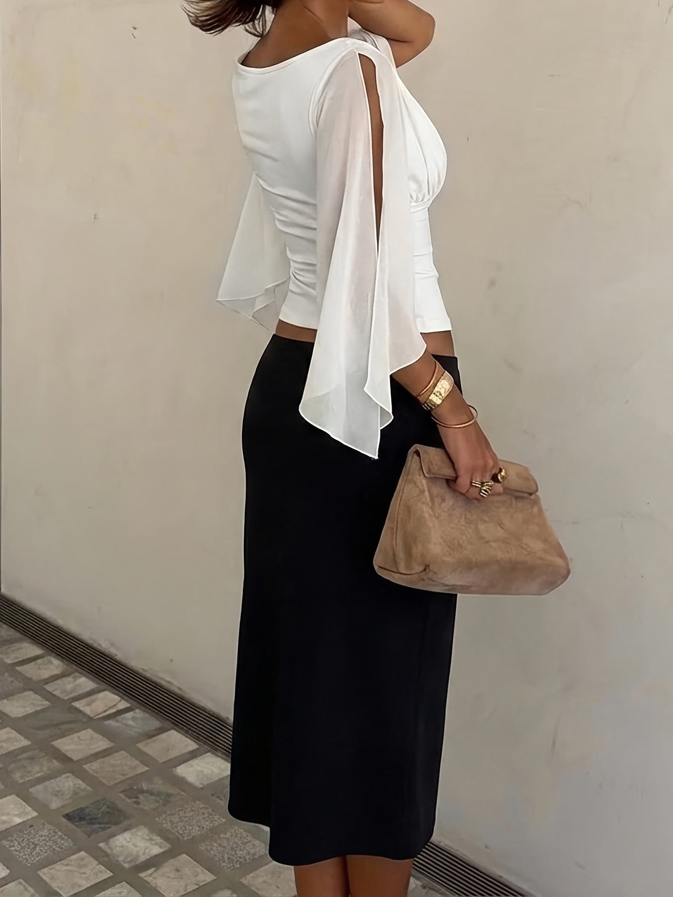 Cape-Sleeve Ruched V-Neck Top