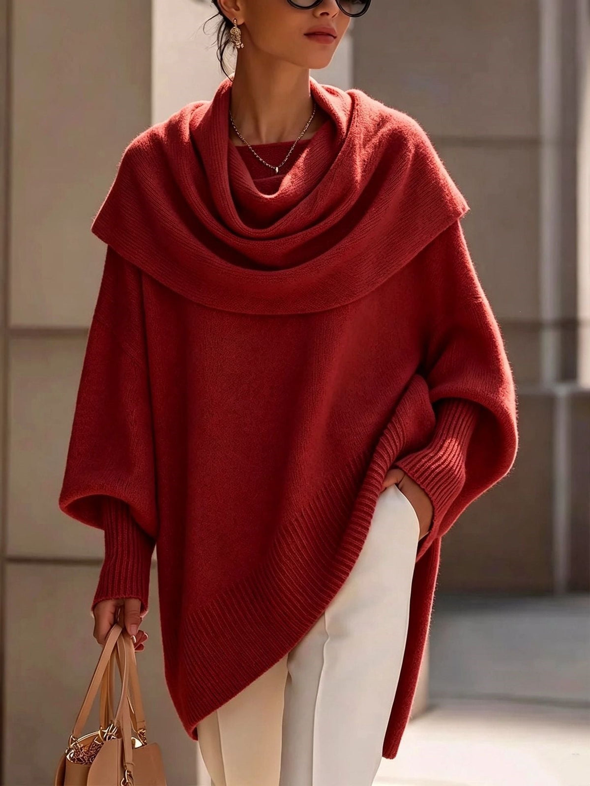 Women's Solid Cowl Neck Oversized Asymmetric Hem Knit Tunic Sweater