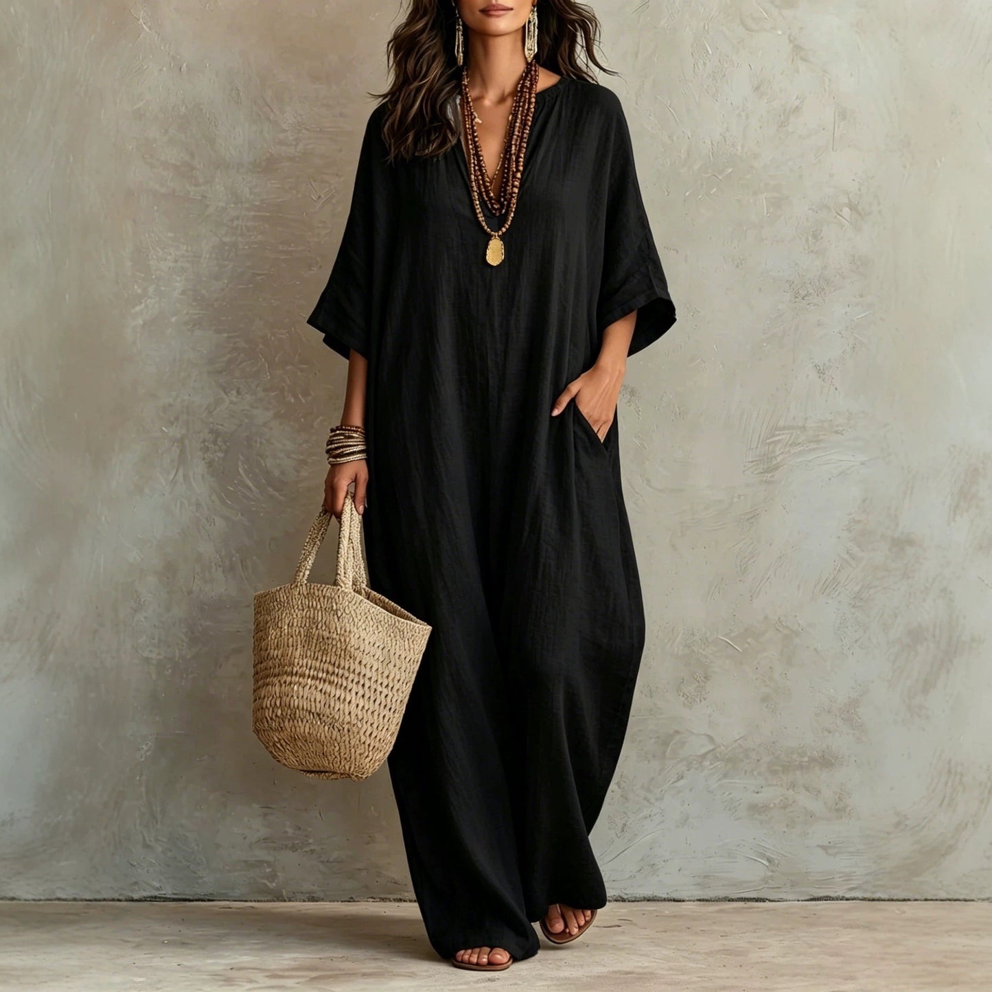 V‑Neck Half‑Sleeve Linen Blend Loose Maxi Kaftan Dress With Pockets