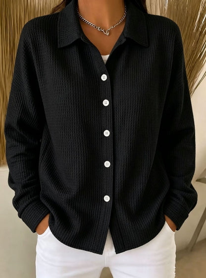 Women’s Light Blue Waffle Knit Lapel Button Down Long Sleeve Shirt - Black / S