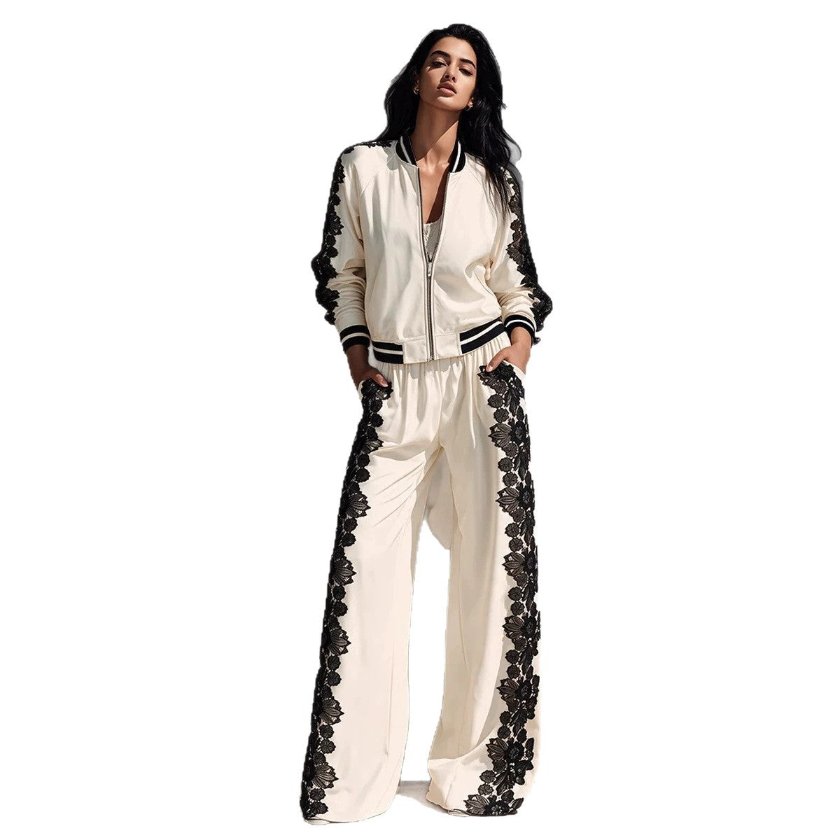 Bomber Jacket & Wide‑Leg Pants Two‑Piece Set with Black Lace Trim