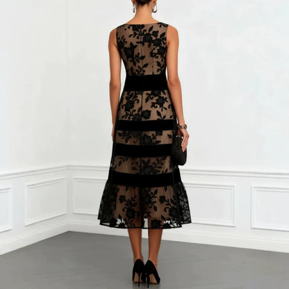 Nude Mesh Black Floral Lace Velvet Strip Sleeveless Midi Dress
