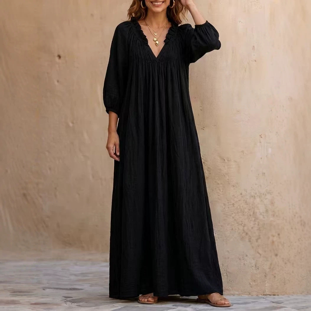 V‑Neck Ruffle Boho Maxi Dress Lantern 3/4 Sleeve Loose Casual Beach Cover‑up Caftan
