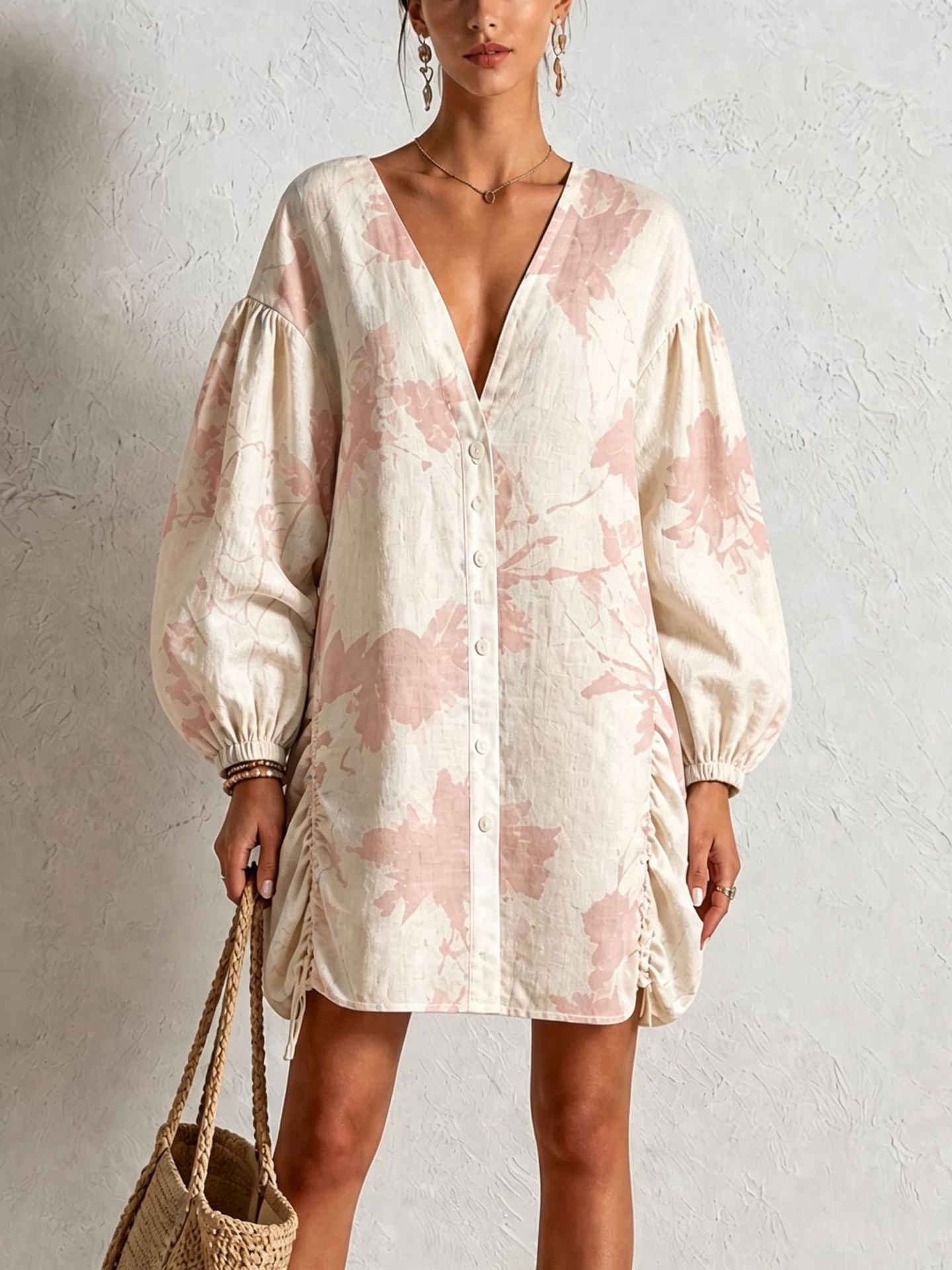 Floral Print Linen‑Blend Button‑Front Mini Shirt Dress