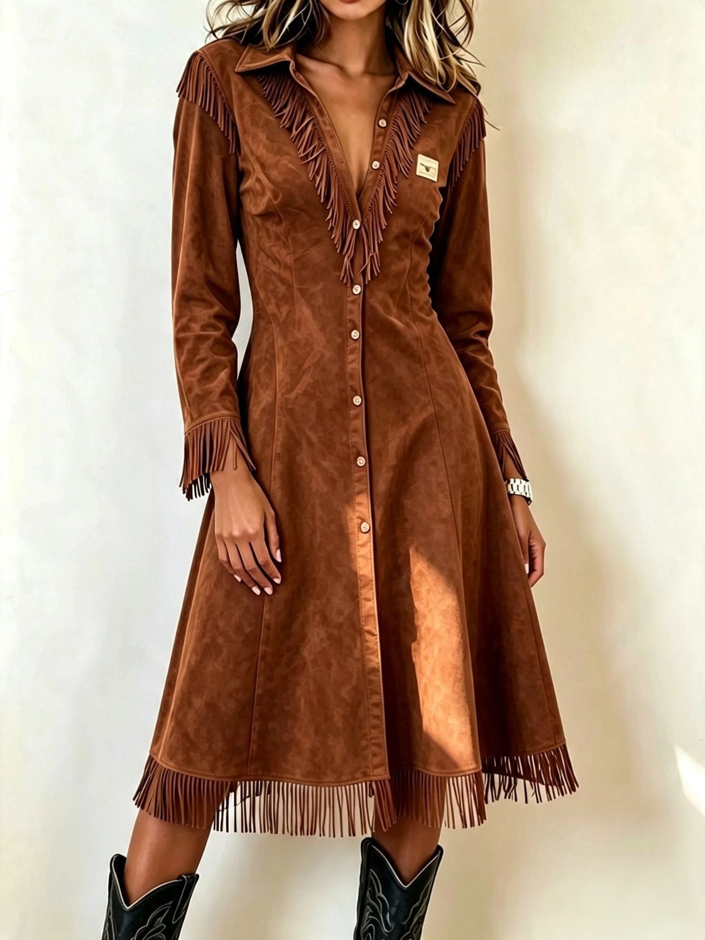 Western Suede‑Effect Fringe Button‑Front Midi Dress - dark brown / S