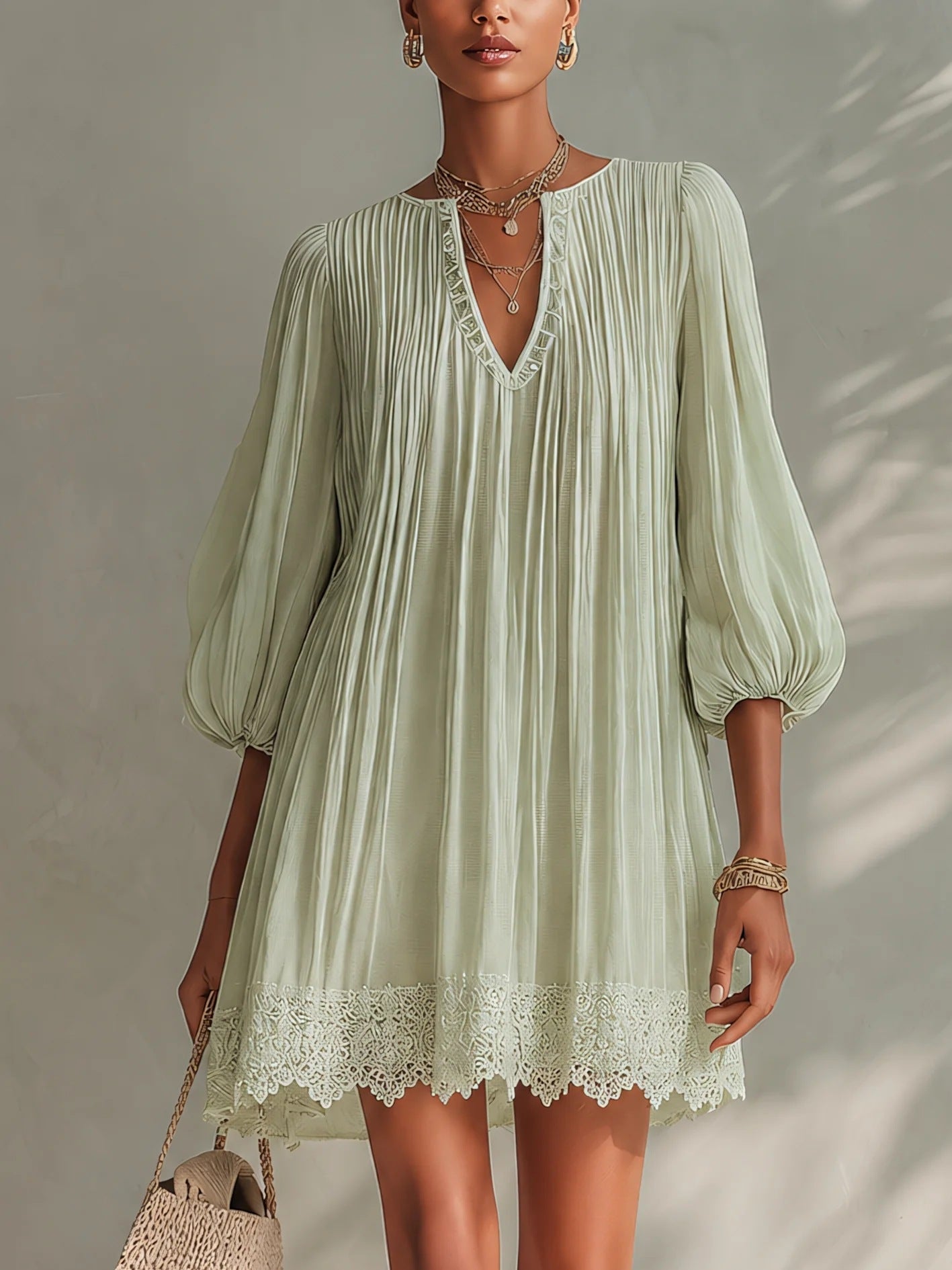 Boho Lace Trim Mini Dress Women V‑Neck Balloon Sleeve Loose Vacation Dress