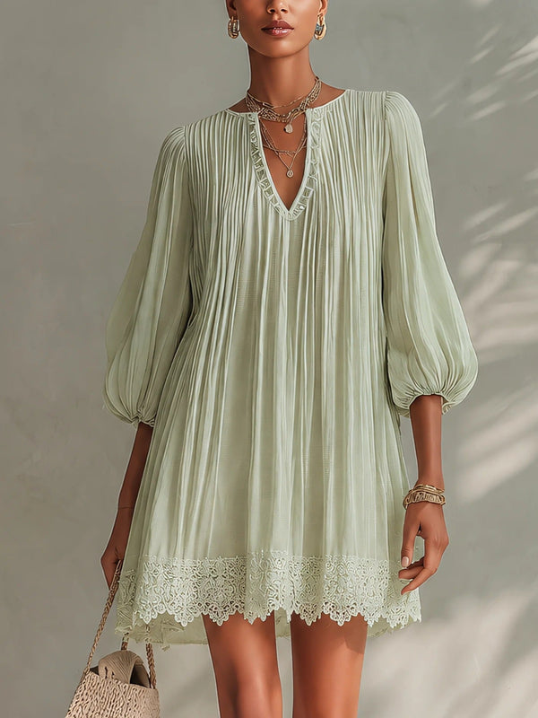 Boho Lace Trim Mini Dress Women V‑Neck Balloon Sleeve Loose Vacation Dress