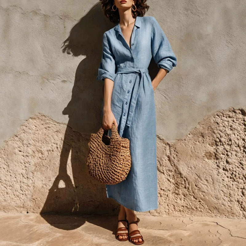 Linen‑Blend Belted Button‑Front Collared Midi Shirt Dress