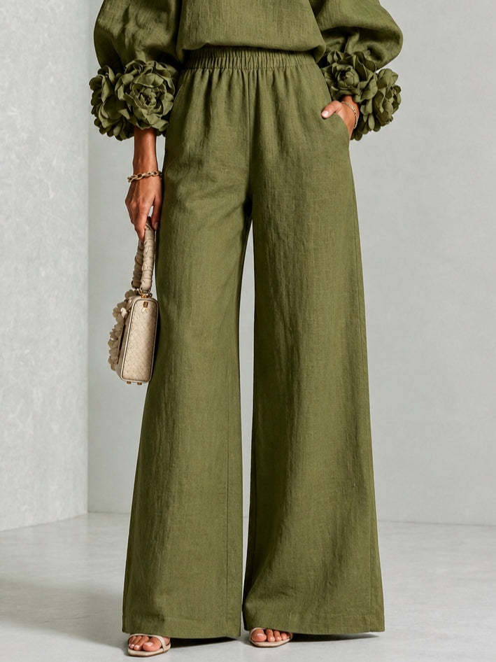 Pink Top Featuring Striking Floral Cuffs Paired With Wide-leg Pants Suit - Matching Sets
