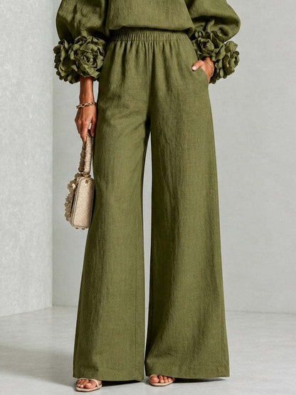 Pink Top Featuring Striking Floral Cuffs Paired With Wide-leg Pants Suit - Matching Sets