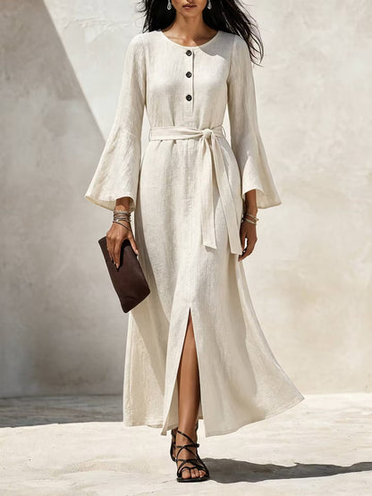 Linen‑Blend Flare‑Sleeve Maxi Dress