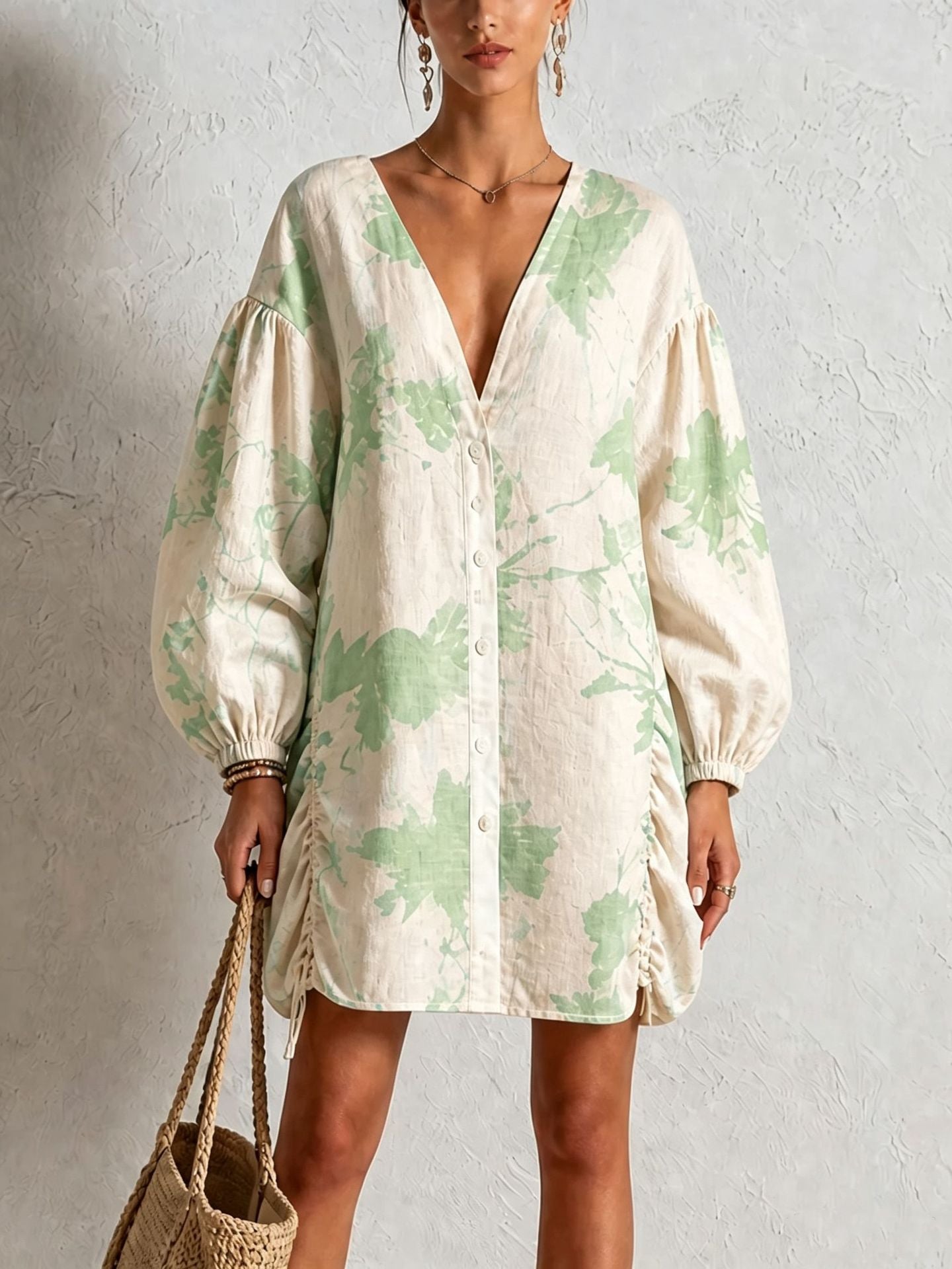 Floral Print Linen‑Blend Button‑Front Mini Shirt Dress