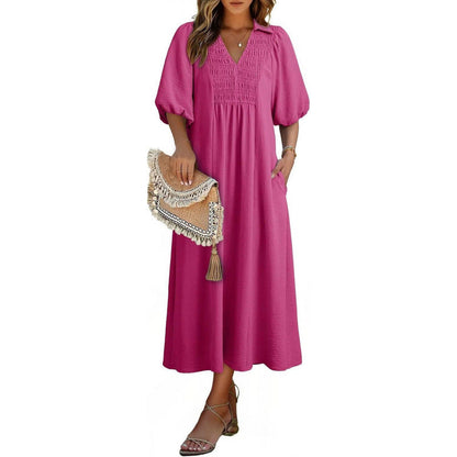 Smocked V‑Neck Puff‑Sleeve Midi Dress