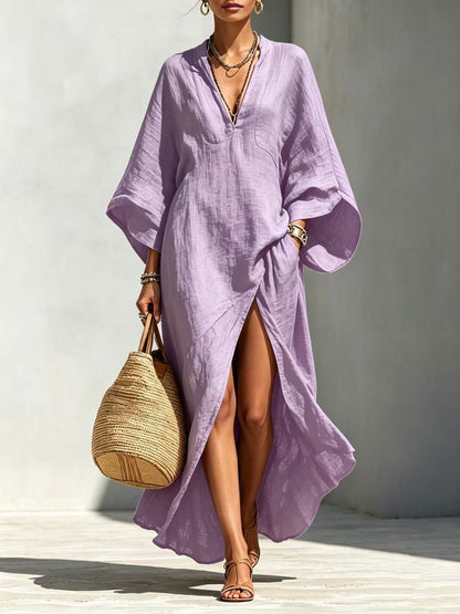 Linen‑Blend V‑Neck Kaftan Maxi Dress