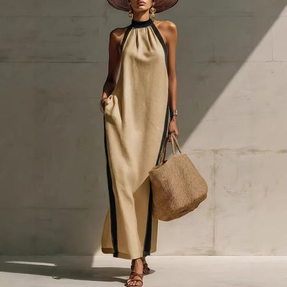 Halter Neck Contrast Trim Maxi Dress