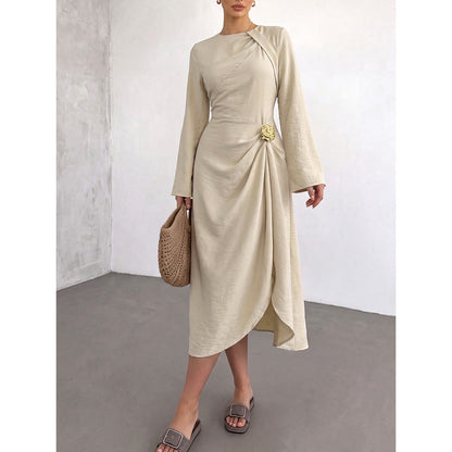 Round Neck Flare Sleeve Gold Ornament Ruched Midi Dress