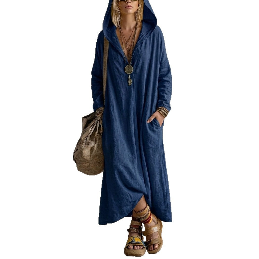 Soft Linen Hooded Maxi Kaftan Dress | Loose Boho Long Sleeve Cover Up