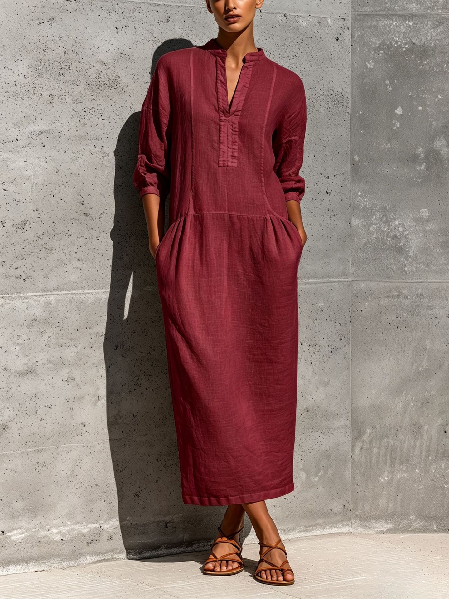 Linen Stand Collar Split V 3/4 Sleeve Drop Pocket Midi Dress