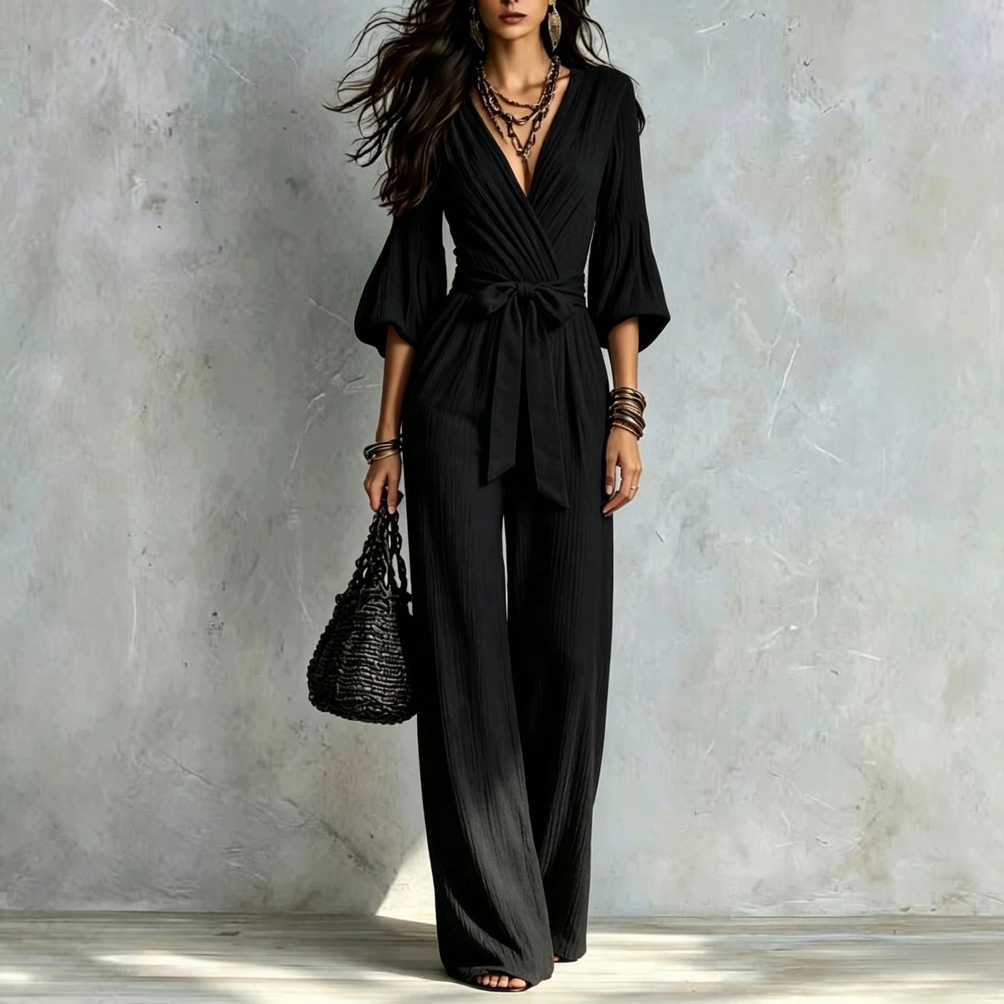 V‑Neck Wrap Belted Textured Wide‑Leg Jumpsuit With Balloon Sleeves