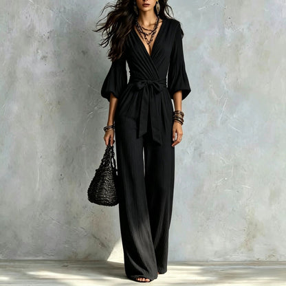 V‑Neck Wrap Belted Textured Wide‑Leg Jumpsuit With Balloon Sleeves