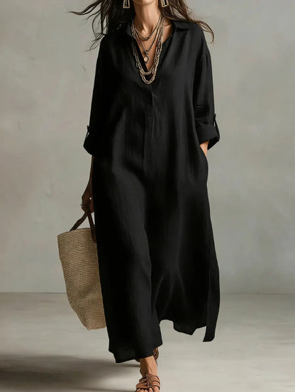 Lazy Style Solid Color Lapel Casual Long-Sleeved Shirt Dress