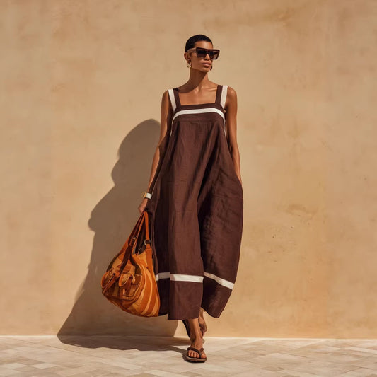 Linen Contrast White Stripe Square Neck Midi Skirt Set