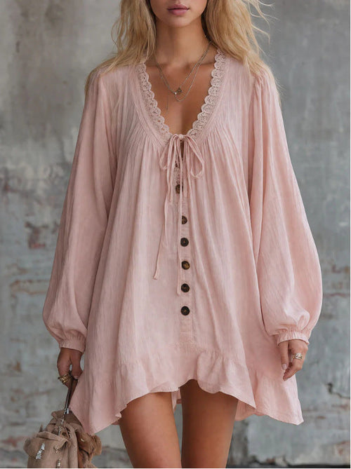 V‑Neck Lace Trim Boho Mini Dress Bell Long Sleeve Tie Front Loose Ruffle Hem Tunic Dress