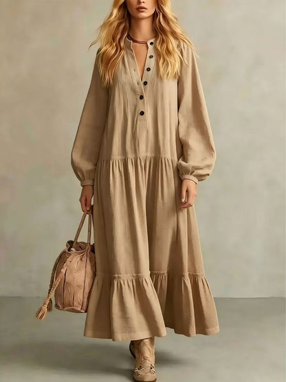 Crinkled Half Button Balloon Sleeve Tiered Ruffle Maxi Dress