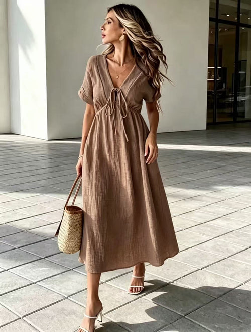 Crinkle‑Textured Tie‑Front V‑Neck Midi Dress