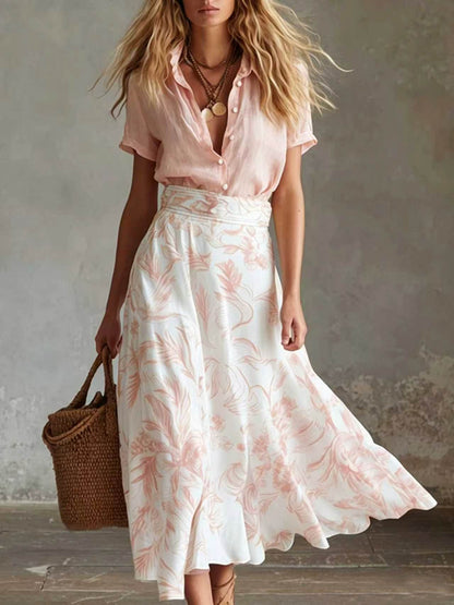 Contrast Floral Skirt Shirt Matching Co-ord Set