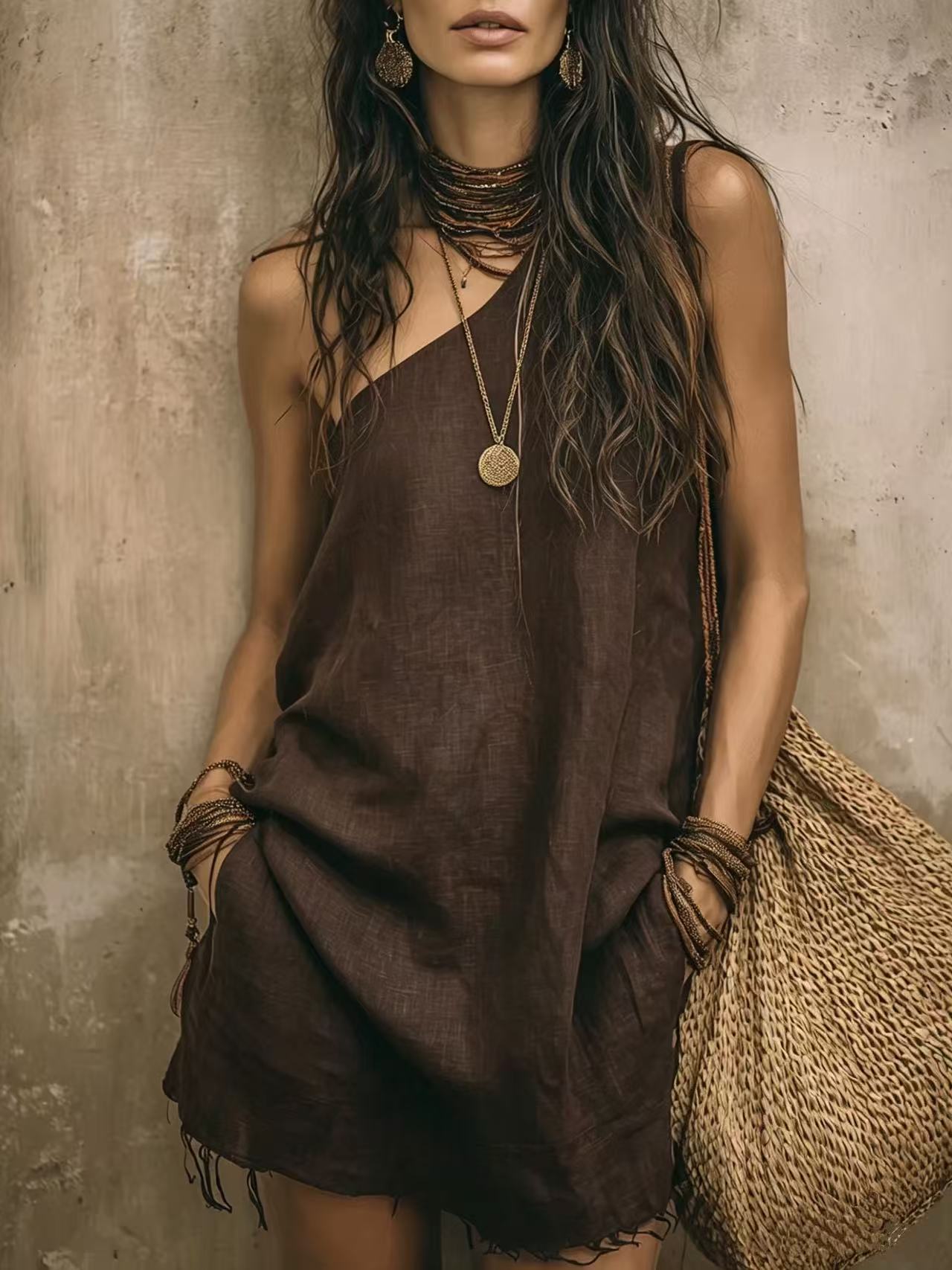 One‑Shoulder Frayed Hem Linen Blend Mini Dress With Pockets