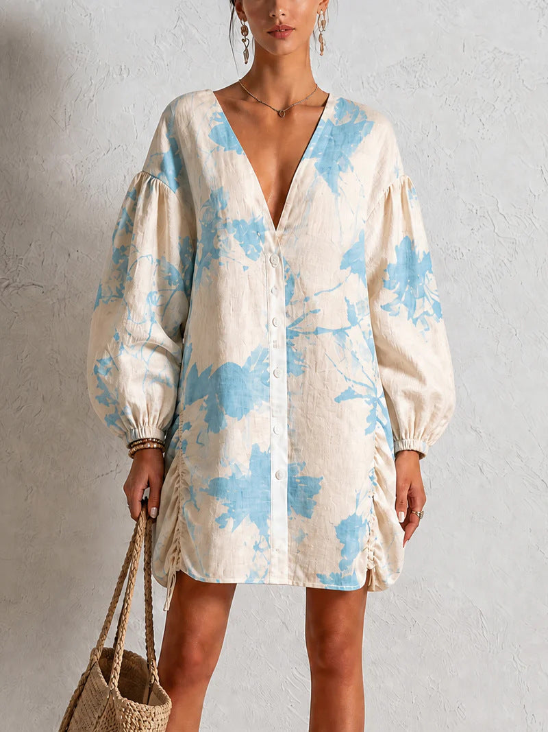Floral Print Linen‑Blend Button‑Front Mini Shirt Dress