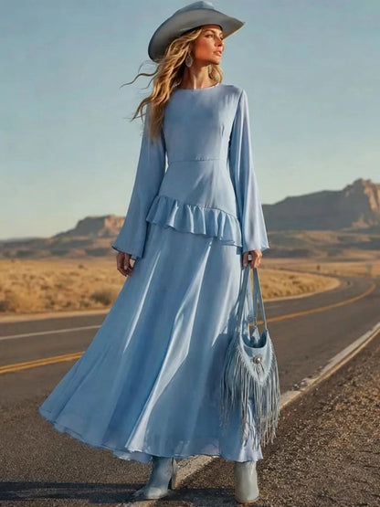 Asymmetrical Ruffle Long‑Sleeve Chiffon Maxi Dress