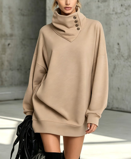Women's Solid Pink Button-Detail Cowl Neck Long Sweatshirt Tunic Dress