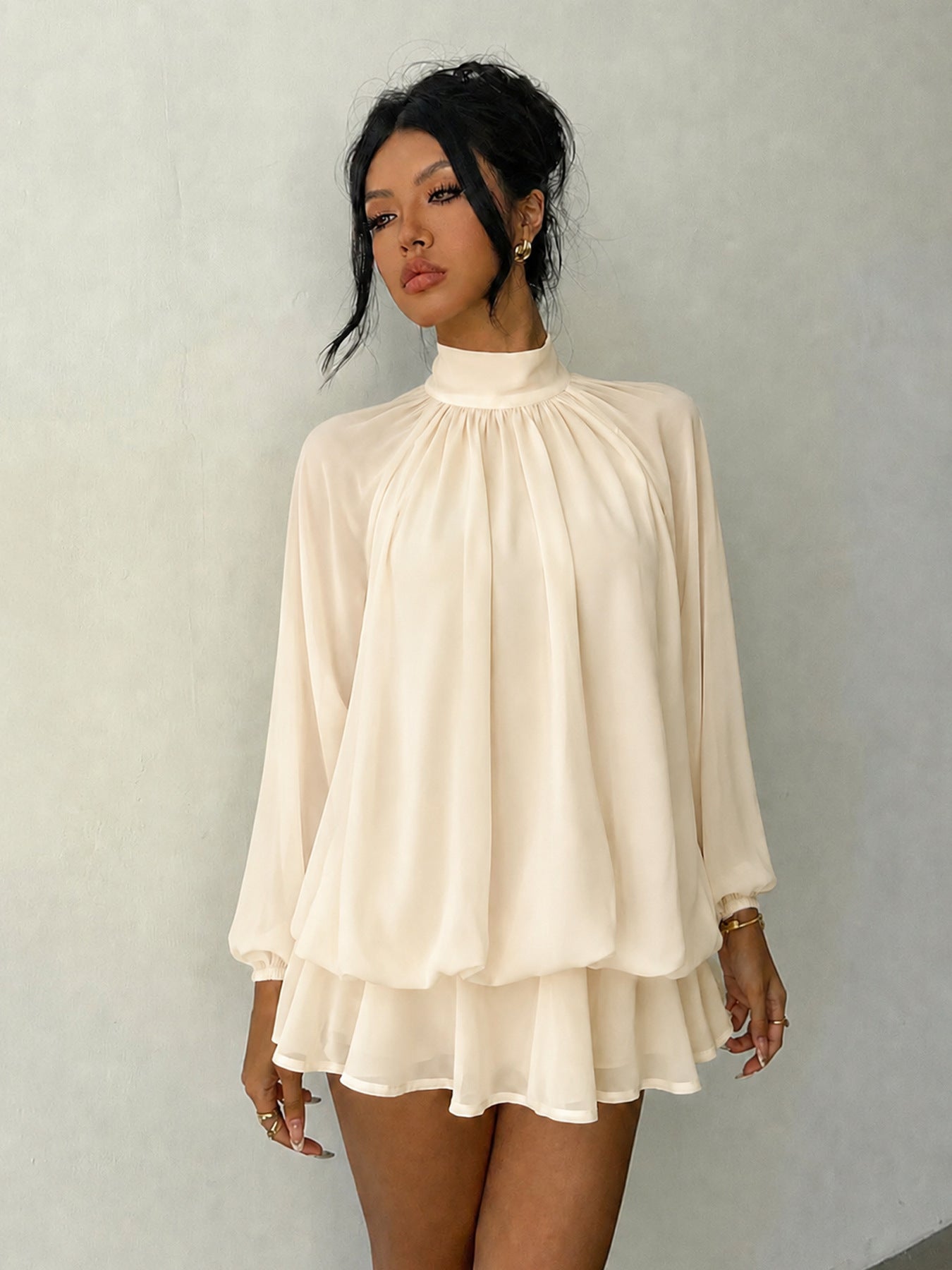 Mock Neck Long Sleeve Skort Dress Women Solid Ruffle Layer Hem Loose Casual Mini Dress