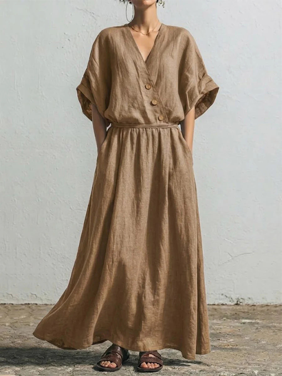 Belted Wrap Linen Blend Pocket Maxi Dress
