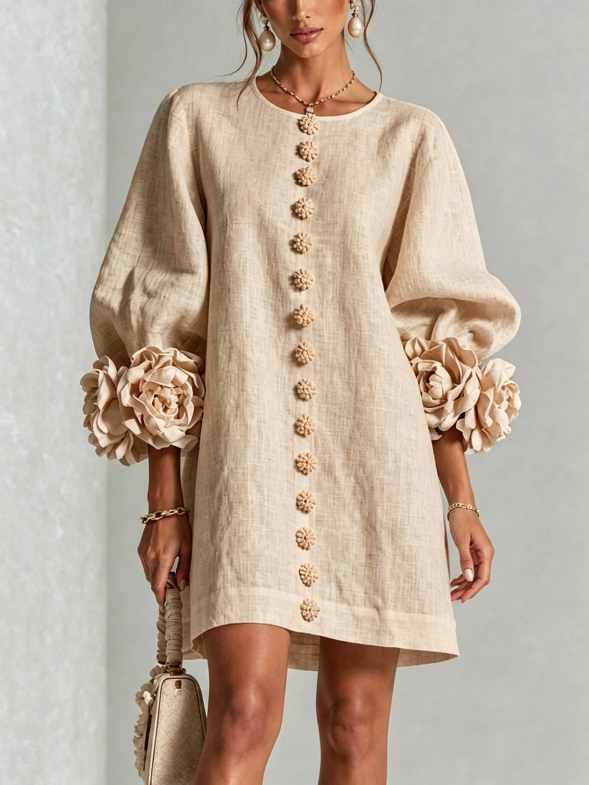 3D Floral Cuff Linen Mini Dress