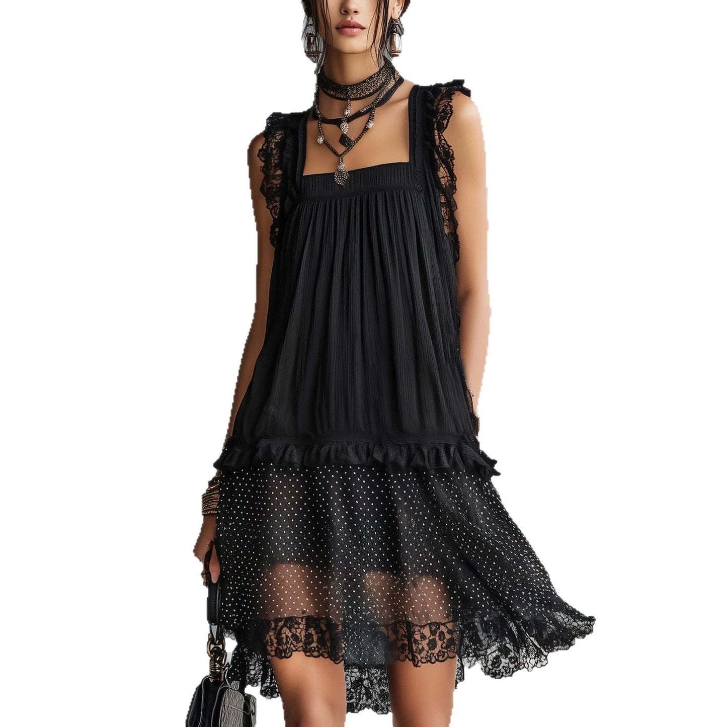 Black Lace Trim Polka‑Dot Layered Chiffon Midi Dress
