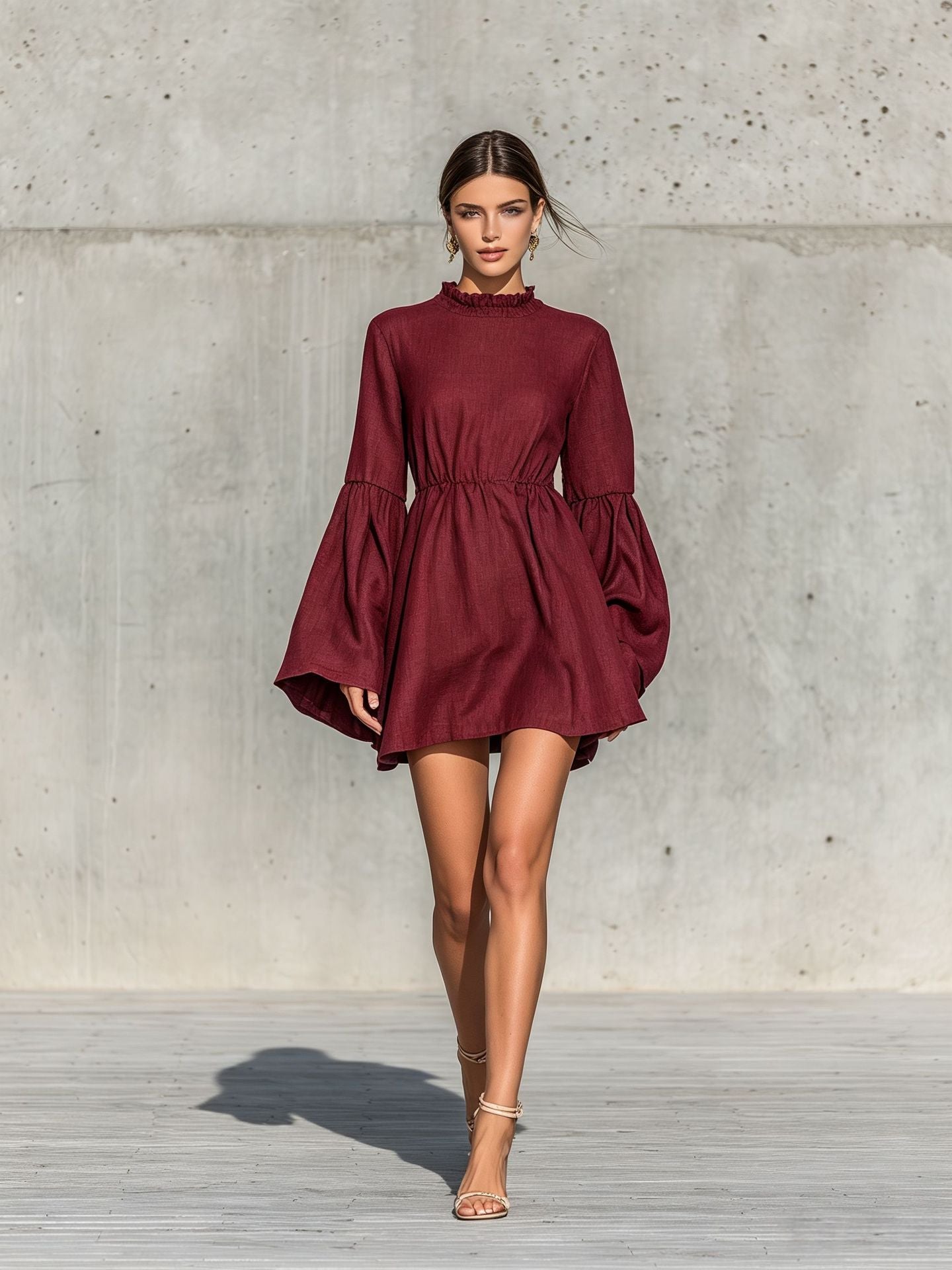 Ruffled High‑Neck Bell‑Sleeve Elastic Waist Mini Dress