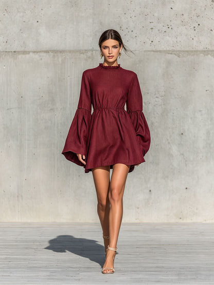Ruffled High‑Neck Bell‑Sleeve Elastic Waist Mini Dress